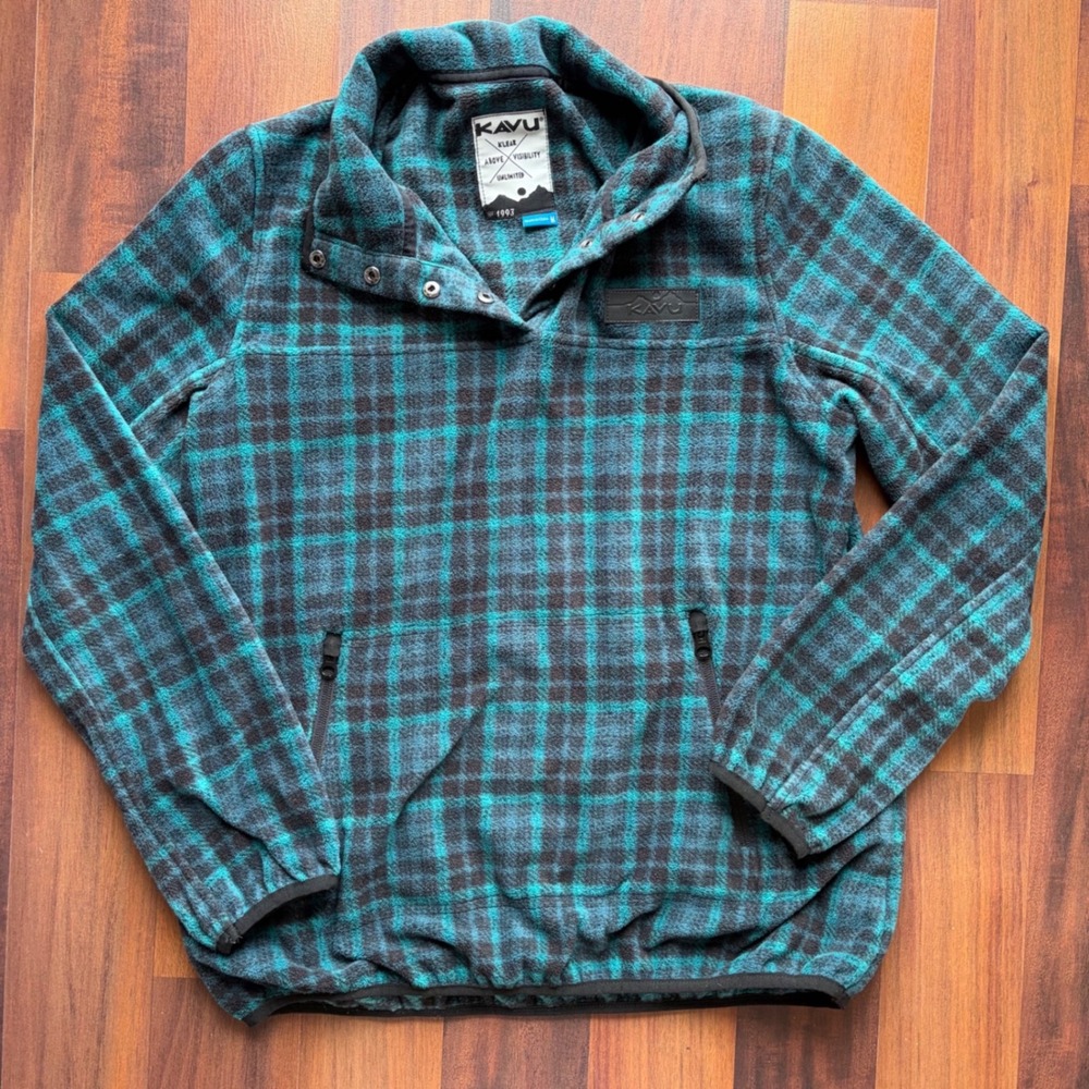 KAVU Teannaway Fleece‎ Pullover Mens Medium Teal Black Plaid Snap Neck